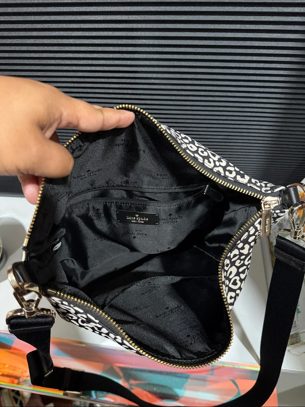 Kate Spade Shelsea Black and White Leopard-Print Hobo Bag crossbody shoulder